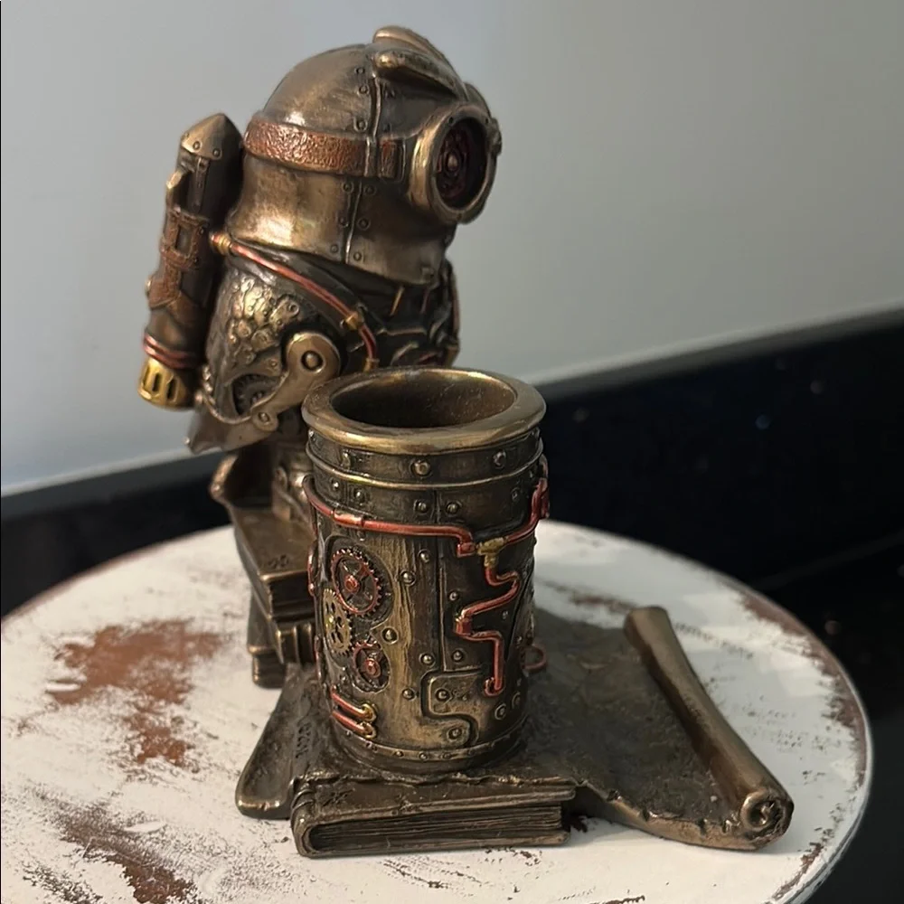 Steampunk Owl Cell Phone Pen Desk Statue Figurine Bronze Aviator Space Halloween